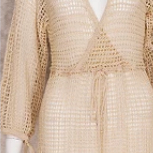 Cream Beige Crochet Maxi Dress Coverup w/Long Quarter Balloon Sleeves&Leg Slit - Picture 7 of 8